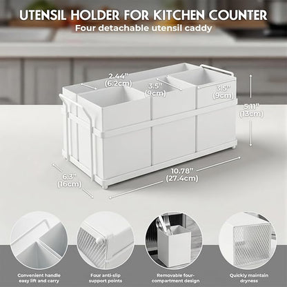 Utensil Holder Mesh Drainage Holes, 4pcs Bins Set Countertop Utensil Holder for Plate, Spoons, Forks and Knives, Cutlery Organizer Suitable for Party, Kitchen Counter, White