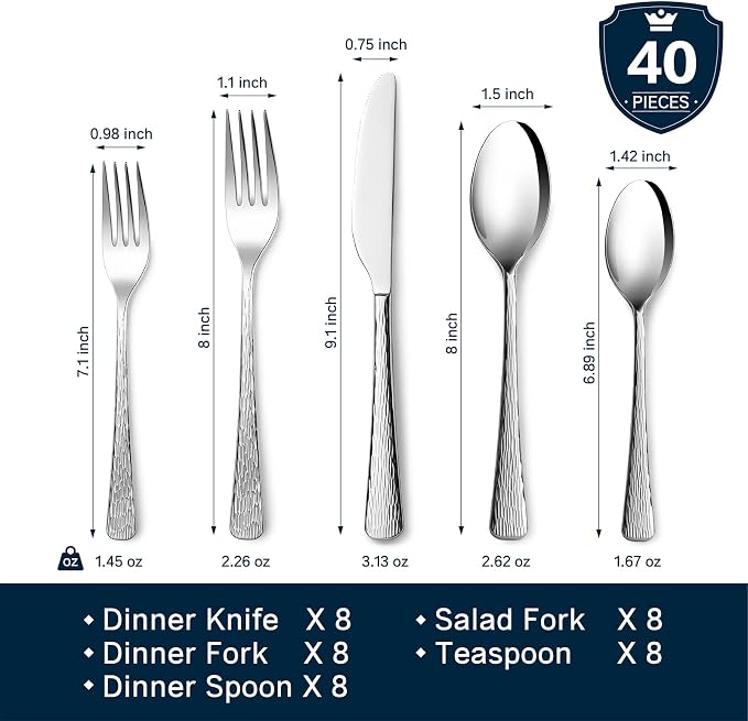 KINGSTONE Hammered Silverware Set, 40-Piece Flatware Set, 18/10 Stainless Steel Premium Cutlery with Unique Ripple Handles Design Mirror Polished - Dishwasher Safe