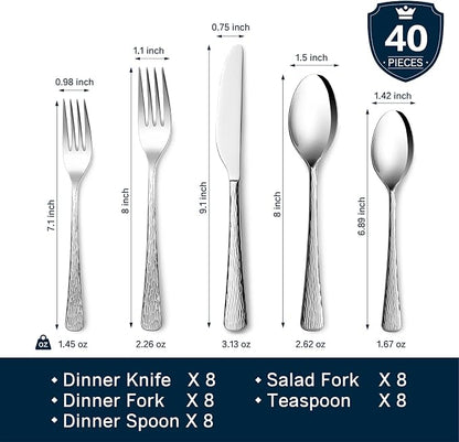 KINGSTONE Hammered Silverware Set, 40-Piece Flatware Set, 18/10 Stainless Steel Premium Cutlery with Unique Ripple Handles Design Mirror Polished - Dishwasher Safe