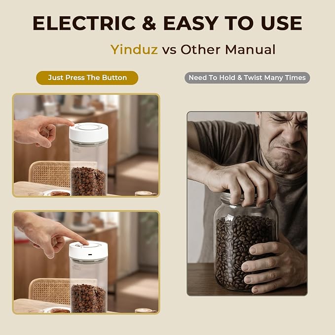 Automatic Vacuum Coffee Canister, 1.35L Airtight Coffee Canister for 18oz Coffee Beans, One-Button Operation & Date Tracker, Coffee & Food Storage Container, Coffee Bar Accessories, Gifts