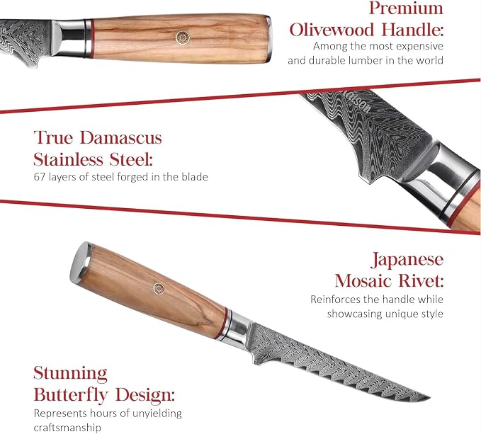 Master Maison 6" Damascus Steel Fillet Knife With Full-Tang Handle, Sheath, Sharpening Stone, Storage Box & Drying Cloth | AUS-10 Japanese Stainless Steel Ultra Sharp Filleting & Boning Knife For Fish
