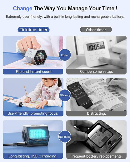 Ticktime Pomodoro Timer, Productivity Timer Cube, 3/5/10/15/25/30 Min Presets, Custom Countdown & Stopwatch 1s–99m59s, Sound/Vibration/Silent, Magnetic, Rechargeable, for ADHD Study Work, Gray