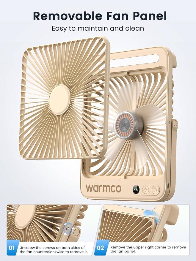 Warmco 20000mAh Battery Powered Fan, 8-Inch Ultra-Slim Portable Camping Fan with LED Lantern, Up to 48H Runtime Rechargeable Desk Fan for Bedroom, Outdoor, Tent, Travel, Cruise Ship Essentials