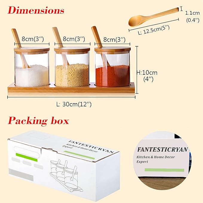 FANTESTICRYAN 3 PCS Stylish Simple Condiment Canisters Pots Set, Decorative Storage Seasoning Glass Container Box with Bamboo Spoon Lid and Base for Home Kitchen café Storing Salt Sugar Pepper Spice