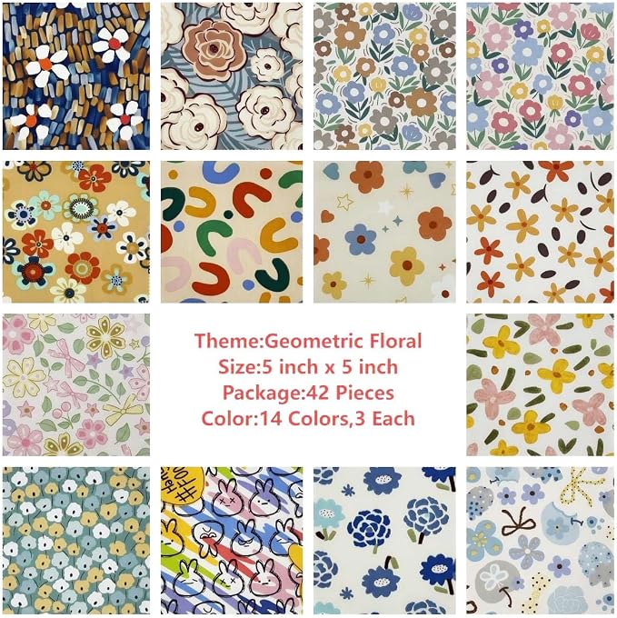 14 Colors Floral Cotton Fabric Squares - 42 Pcs 5x5 Inch Precut Quilting Bundle, 3 of Each Color | Retro Ditsy Print Charm Pack for Sewing, Patchwork & DIY Crafts