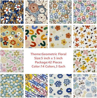 14 Colors Floral Cotton Fabric Squares - 42 Pcs 5x5 Inch Precut Quilting Bundle, 3 of Each Color | Retro Ditsy Print Charm Pack for Sewing, Patchwork & DIY Crafts