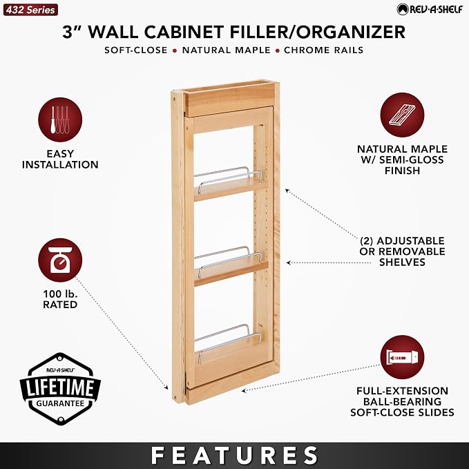 Rev-A-Shelf Kitchen Cabinet Pullout Wall Filler Wooden Organizer Slide Out Pantry Storage w/Soft-Close in Multiple Sizes, Maple Wood, 432-WFBBSC30-3C