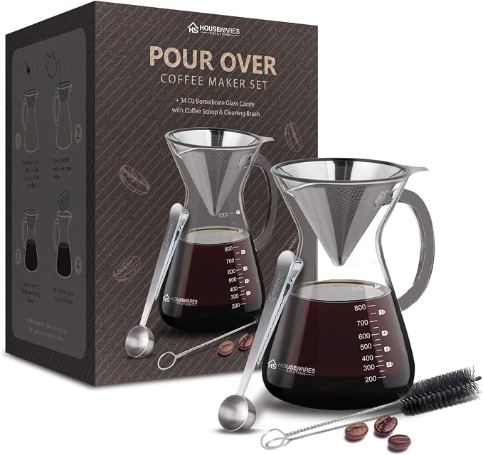 Pour Over Coffee Maker Set - 34 oz Large Borosilicate Glass Carafe, Thickened Rust Resistant Heat Resistant Double-Layer Stainless Steel Dripper/Filter with Coffee Scoop and Cleaning Brush