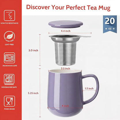 Sweese 20 oz Porcelain Tea Mug with Infuser and Lid, Purple Tea Cup