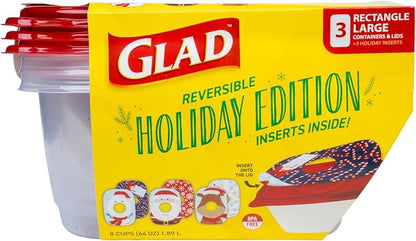 Glad GladWare Holiday Food Storage Containers with Reversible Gift Tags, Large Rectangle BPA Free Plastic for Holiday Cookies and Gifting, Microwave Freezer Dishwasher Safe, 64 Oz, 3 Count