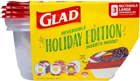 Glad GladWare Holiday Food Storage Containers with Reversible Gift Tags, Large Rectangle BPA Free Plastic for Holiday Cookies and Gifting, Microwave Freezer Dishwasher Safe, 64 Oz, 3 Count
