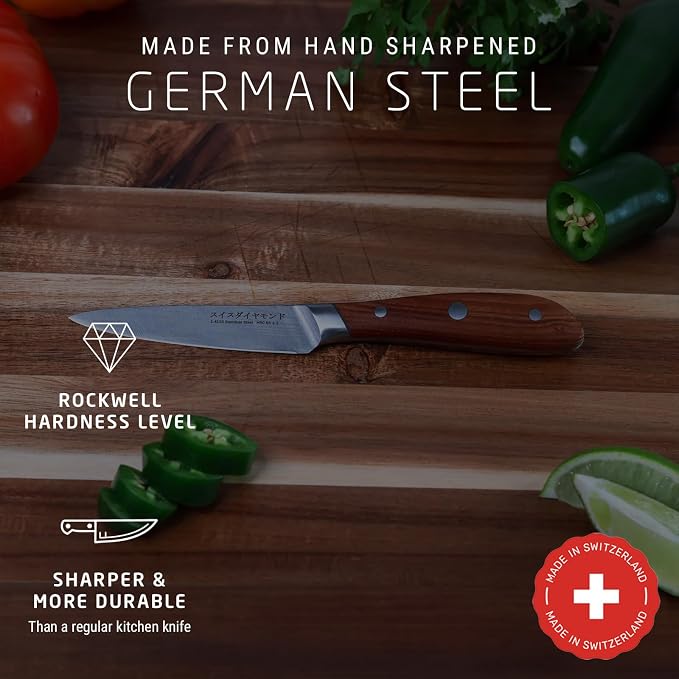 Swiss Diamond Paring Knife, German Steel with Carbonized Ash Wood, Full Tang Handle, Damascus Blade Chef Knives Professional Grade, 55+2 Rockwell Hardness, 4.5 Inch