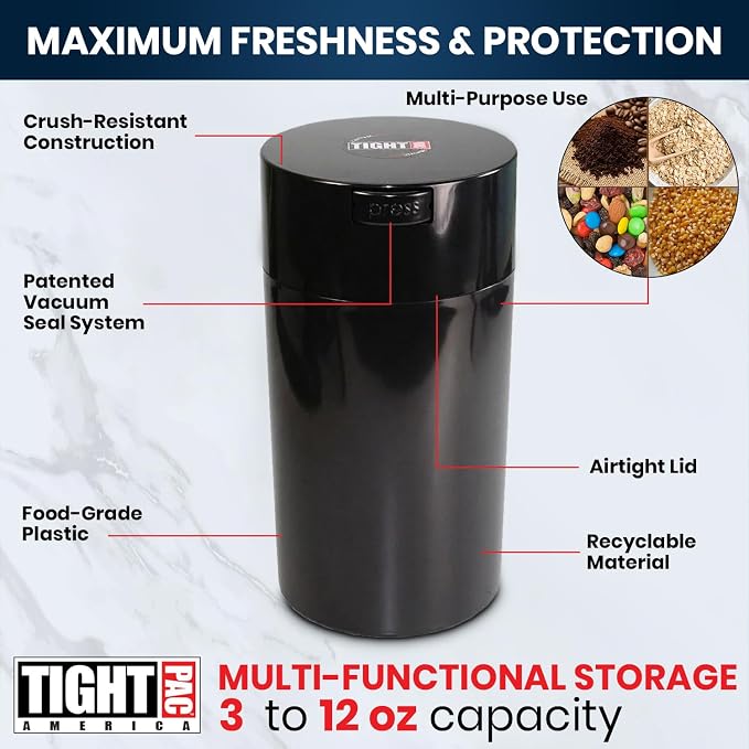Tightvac 3 to 12 Ounces Airtight Smell Proof Container - Patented Vacuum Seal, Storage for Coffee, Herbs, Tea, Spices, Dry Goods - Odor Resistant Vacuum Jar, Black
