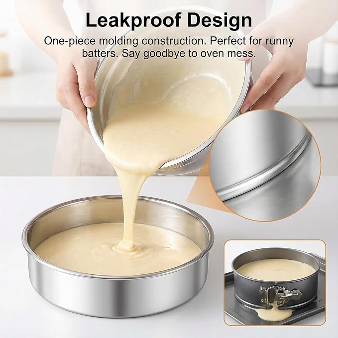 Hemoton 9.6 Inch Round Cake Pans Set of 2, Heavy Duty Stainless Steel Baking Pans for Oven, Flat Base Layer Cake Molds for Cheesecake, Non-Toxic & Dishwasher Safe