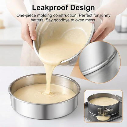 Hemoton 9.6 Inch Round Cake Pans Set of 2, Heavy Duty Stainless Steel Baking Pans for Oven, Flat Base Layer Cake Molds for Cheesecake, Non-Toxic & Dishwasher Safe