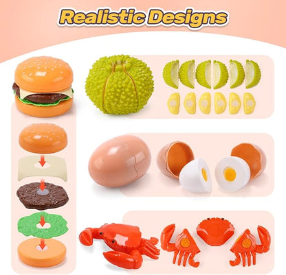 CUTE STONE Kids Kitchen Accessories, Toy Pots & Pans Set with Sound & Light Induction Cooktop, Cuttable & Peelable Play Food, Play Cookware, Educational Role Play Gift for Toddlers & Kids Ages 3+