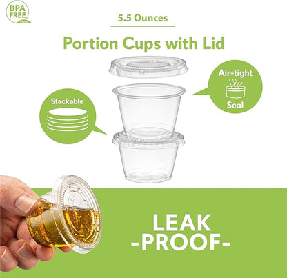 5 oz - 100 Sets Clear Diposable Plastic Portion Cups With Lids, Small Mini Containers For Portion Controll, Meal Prep, Sauce Cups, Slime, Medicine, Dressings, Crafts, Disposable Souffle Cups