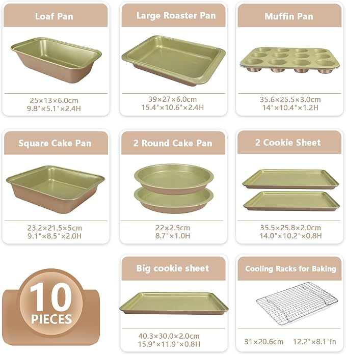 Nonstick Bakeware Set 10 Pcs, Professional Kitchen Bicolor Baking Pans Set with Cookie Sheets, Muffin Pan, Loaf Pan, Cake Pan and Cooling Rack, 0.8mm Thick/Dishwasher Safe/Heavy Duty