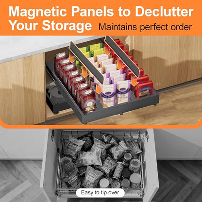 Pull out Cabinet Organizer Expandable W(12"-20") and D(16"-22"), No Drill Adjustable Slide Out Drawers With 3 Slide Rails, 2Pcs Magnetic Panel, Adhesive Roll out Shelves for Kitchen, Cabinets, Pantry