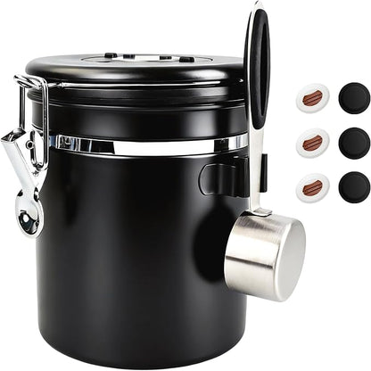 ShanSon Coffee Canister Airtight, Stainless Steel Bean Storage Container with Date Tracker & Scoop, Grounds Sugar Flour Tea Cereal Fits Kitchen Pantry, Ideal Gift for Coffee Lovers,16oz, Black