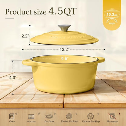 Overmont Enameled Cast Iron Dutch Oven - 4.5QT Pot with Lid Cookbook & Cotton Potholders - Heavy-Duty Cookware for Braising, Stews, Roasting, Bread Baking GooseYellow