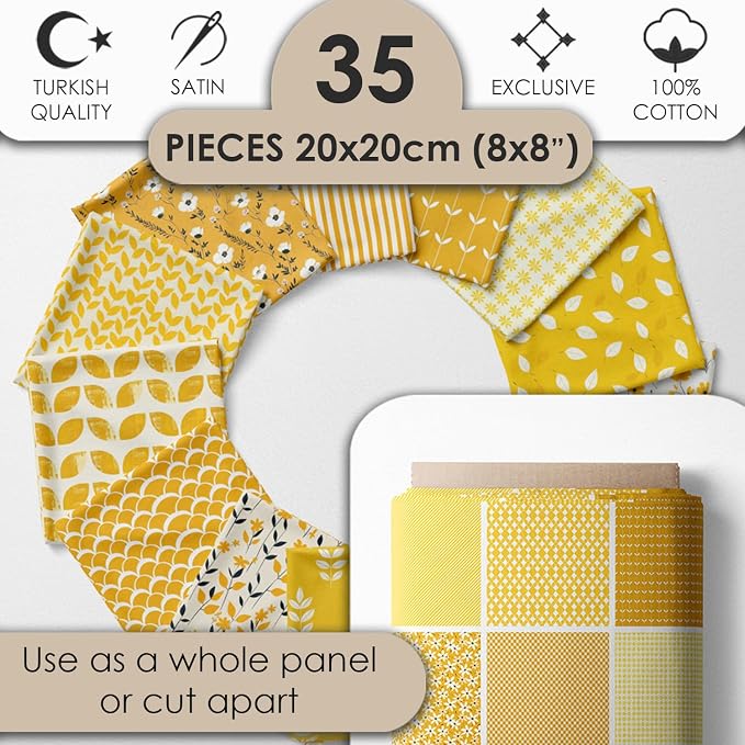 Cotton Satin Patchwork Fabric Panel – 35 Designs, 20×20 cm Squares, Single Piece 150×110 cm, Yellow Patchwork Quilt Fabric (Sunny Bloom Patchwork Set, 35pcs 8x8 inch)