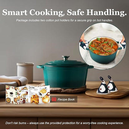 Overmont Enameled Cast Iron Dutch Oven - 4.5QT Pot with Lid Cookbook & Cotton Potholders - Heavy-Duty Cookware for Braising, Stews, Roasting, Sourdough Baking bottle green