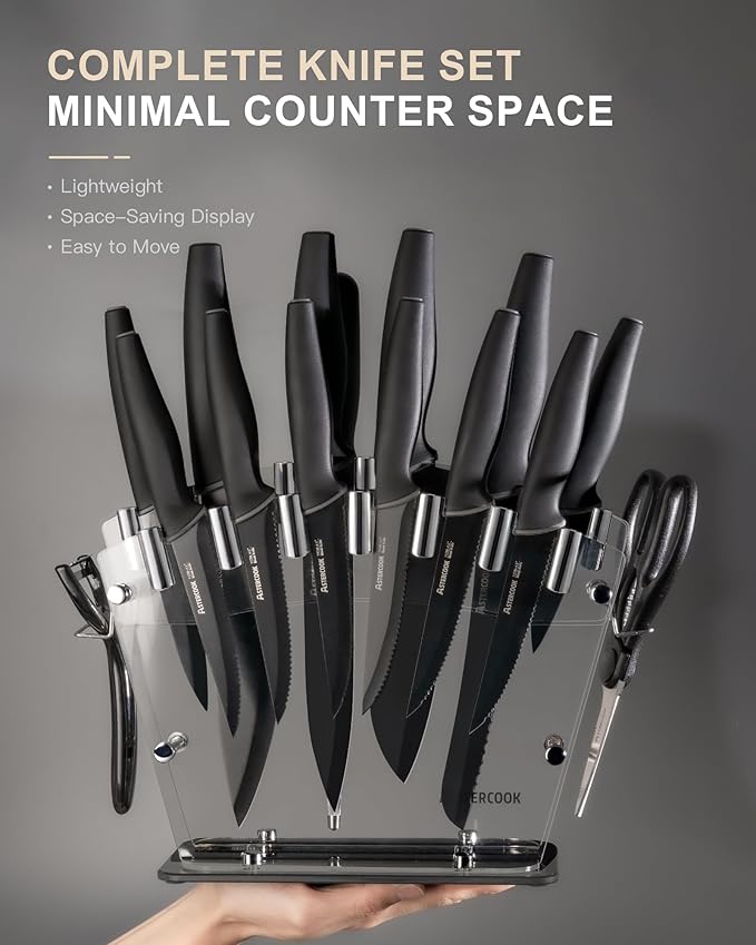Astercook Knife Set with Block and Sharpener, 22 Piece Kitchen Knife Set Dishwasher Safe, Space-Saving Clear Knife Block with Knives for Everyday Home Cooking Black