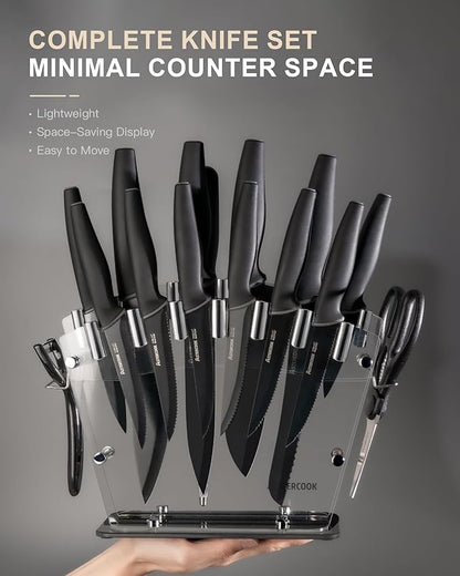 Astercook Knife Set with Block and Sharpener, 22 Piece Kitchen Knife Set Dishwasher Safe, Space-Saving Clear Knife Block with Knives for Everyday Home Cooking Black