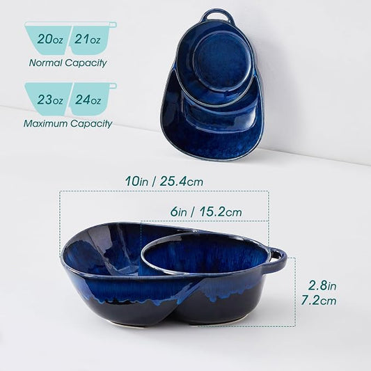 vancasso Starry Chip and Dip Bowl, Anti-Soggy Cereal Bowl, Soup and Sandwich Plate Combo, Breakfast Powls, Divided Snack Bowls Gifts for Wedding Housewarming Party, 2 Pack(Blue)