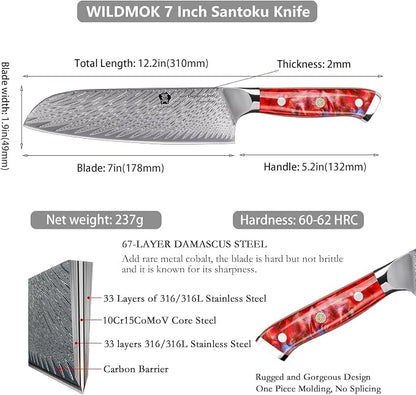 WILDMOK Santoku Knife 7 inch, Professional Japanese VG 10 Damascus steel Santoku Knife, Knives with Ergonomic Full Tang Resin handle, suitable Home Kitchen and Restaurant
