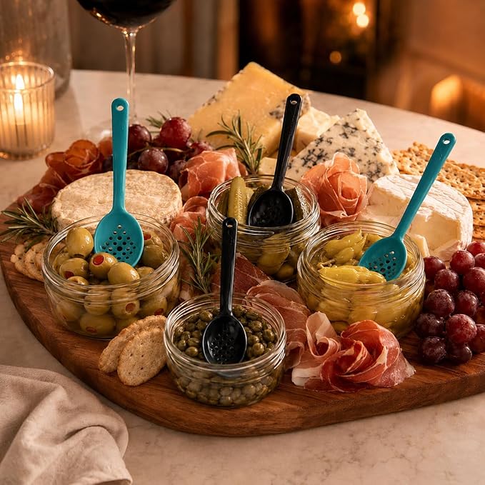 Olive and Pickle Spoon Set of 4, 7-Inch Small Slotted Serving Utensils for Jars, Teal and Black, Perfect for Olives, Pickles, Capers, Pepperoncini, Cherries, Dishwasher Safe, Made in USA by Pikanty