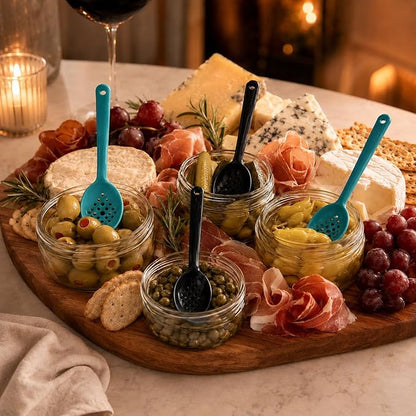 Olive and Pickle Spoon Set of 4, 7-Inch Small Slotted Serving Utensils for Jars, Teal and Black, Perfect for Olives, Pickles, Capers, Pepperoncini, Cherries, Dishwasher Safe, Made in USA by Pikanty