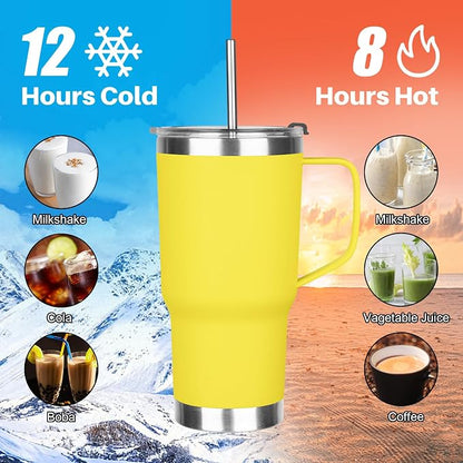 20 oz Tumbler with Handle, Stainless Steel Insulated Tumbler with Lid and Straw, Double Wall Vacuum Coffee Mug Tumbler, Insulated Coffee Thermal Cup for Cold and Hot (Yellow, 20 Ounces)
