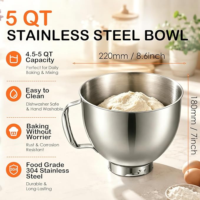 5QT Stainless Steel Mixer Bowl for KitchenAid 4.5-5 QT Tilt-Head Stand Mixers, with Anti-slip handle and Prominent Clasp, for KitchenAid Accessories and Attachments, Dishwasher safe