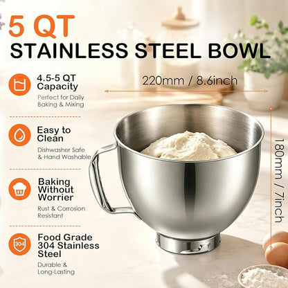5QT Stainless Steel Mixer Bowl for KitchenAid 4.5-5 QT Tilt-Head Stand Mixers, with Anti-slip handle and Prominent Clasp, for KitchenAid Accessories and Attachments, Dishwasher safe