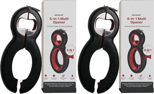 Performore 6 in One Opener - Multi Opener Kitchen Tool - Compact Jar Opener - Bottle and Jar Openers for Seniors - Grip to Open Jars and Bottles (Pack of 2)