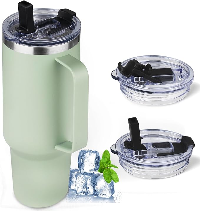 40 oz Tumbler with Handle and Flip Straw, 100% Leakproof Insulated Tumbler with Lid and Straw, Stainless Steel Travel Coffee Mug, Insulated Coffee Thermal Cup for Cold and Hot (Green Tea)
