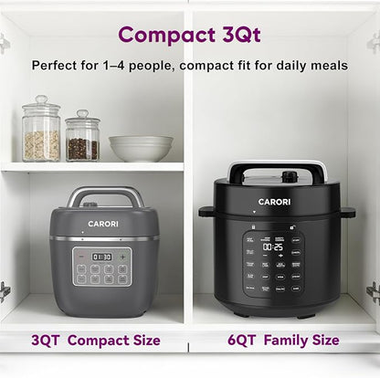 Carori 8-in-1 Electric Pressure Cooker, Compact 3 QT All-in-1 Multi-Cooker with Ceramic Pot, Saute, Slow Cook, Rice, Stew, Delay Start, Keep Warm & Safe Vent, Gray