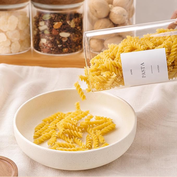 Set of 3 Glass Pantry Jars with Acacia Wood Lids, 45oz Airtight Glass Kitchen Canisters with 105 Labels, Clear Pantry Storage Containers for Coffee, Sugar, Oats, Pasta, Cookies