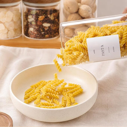 Set of 3 Glass Pantry Jars with Acacia Wood Lids, 45oz Airtight Glass Kitchen Canisters with 105 Labels, Clear Pantry Storage Containers for Coffee, Sugar, Oats, Pasta, Cookies