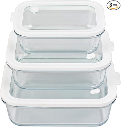 Sio GLASS storage containers with GLASS lids, NO PLASTIC, Set of 3, Airtight Small Medium Large for Food Meal Prep, Silcone Bowl Container (White)