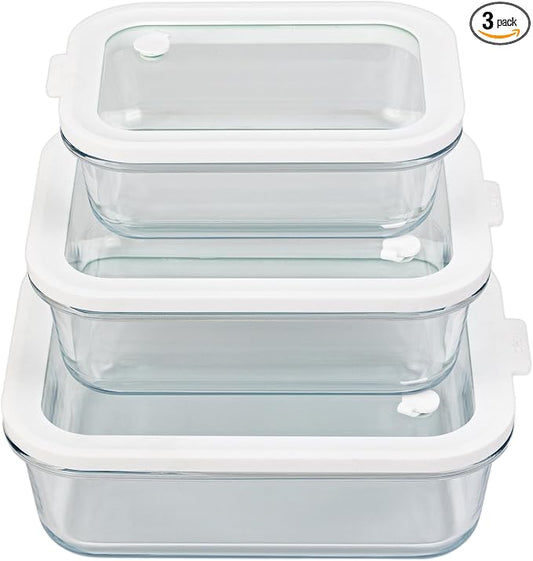 Sio GLASS storage containers with GLASS lids, NO PLASTIC, Set of 3, Airtight Small Medium Large for Food Meal Prep, Silcone Bowl Container (White)