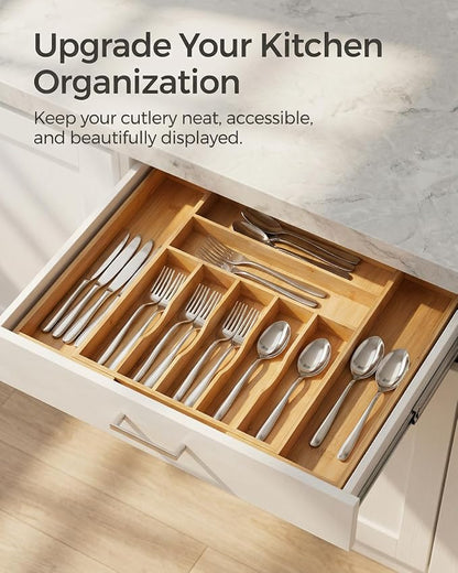 Expandable Bamboo Silverware Drawer Organizer – Adjustable 21" Wide Wooden Utensil Tray with 9-Compartments, Large Kitchen Flatware & Spoon Holder, Natural Solid Wood for Drawers