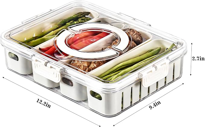 2Pack Divided Snackle Box with Lids Stackable Food Serving Tray for Fruit&Veggie Plastic Fridge Storage Container for Pantry Freezer Clear Snack Box for Meal Prep Candy Nuts Spice
