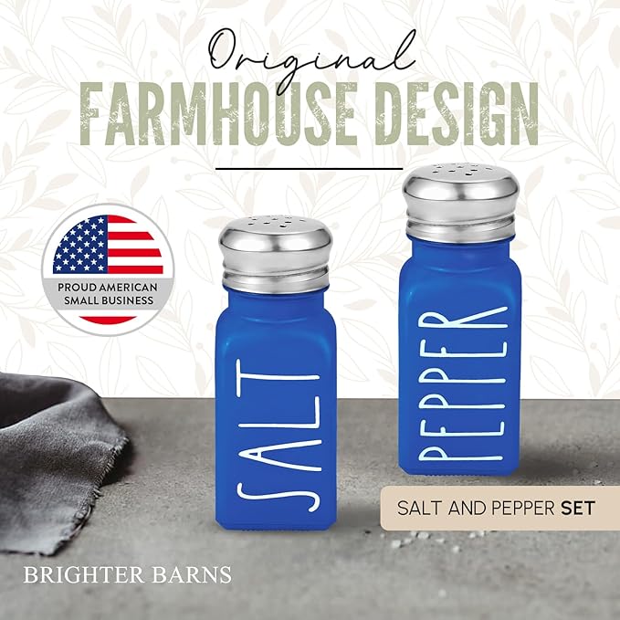 Blue Salt and Pepper Shakers Set by Brighter Barns - Cute Glass Shakers with Stainless Steel Lids - Modern Farmhouse Kitchen Decor and Accessories for Home, Restaurants, Hotel, Vacation Rental (Blue)