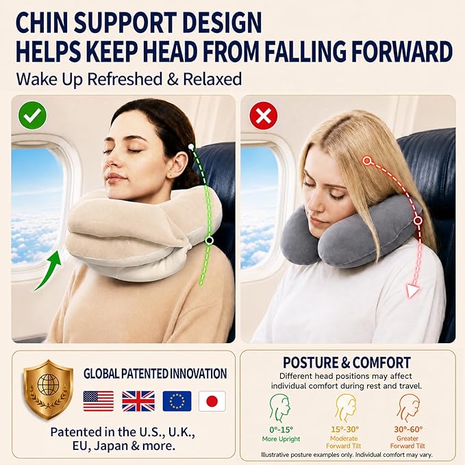 BUYUE Travel Neck Pillows for Airplanes, Memory Foam 360° Head Support Sleep for Long Flight, Skin-Friendly & Breathable, Kit with Eye Mask, Earplugs and Storage Bag (Adult, Beige, 90+ lbs)