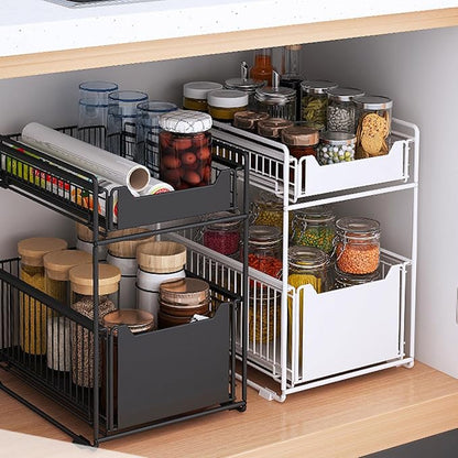 IDEALHOUSE 2-Tier Pull Out Cabinet Organizer, Heavy Duty Slide Out Pantry Shelves Drawer Storage Fixed with Adhesive Film, Sliding Mesh Cabinet Basket for Kitchen Bathroom Home, White