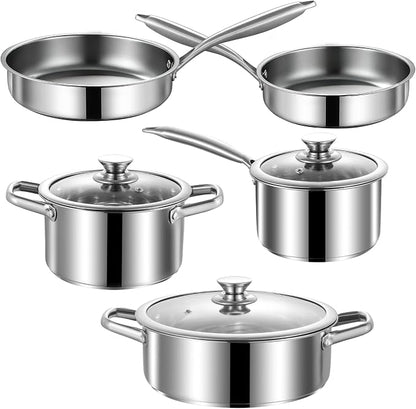 Stainless Steel Pots and Pans Set, 8 Piece Kitchen Induction Cookware Sets with Glass Lids, Works with Induction, Electric and Gas Cooktops, Non Toxic, Oven & Dishwasher Safe