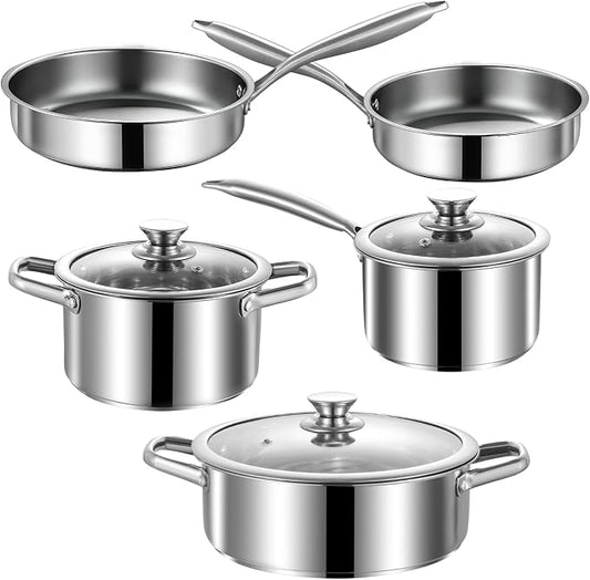 Stainless Steel Pots and Pans Set, 8 Piece Kitchen Induction Cookware Sets with Glass Lids, Works with Induction, Electric and Gas Cooktops, Non Toxic, Oven & Dishwasher Safe